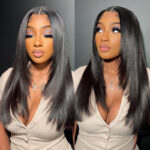 Layered Straight Hair Glueless Lace Front Wigs 100% Human Hair Medium Length Pre Plucked & Bleached