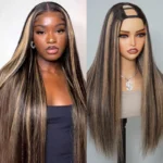 Balayage Highlight U Part Human Hair Wig Straight/Body Wave No Glue Protective Style Black with Blonde Highlight - Image 5