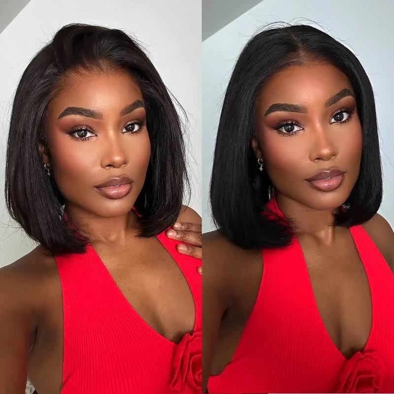 V Part Short Bob Wig Yaki Straight Human Hair Glueless Wig Drawstring Protective Style V Part Short Bob Wig Yaki Straight Human Hair Glueless Wig Drawstring Protective Style - Image 1