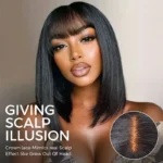 Realistic Yaki Straight Bob with Bangs Minimalist Lace Wig Wear Go Glueless Black/Brown Highlight - Image 2