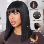 Realistic Yaki Straight Bob with Bangs Minimalist Lace Wig Wear Go Glueless Black/Brown Highlight - Image 5