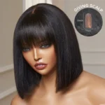 Realistic Yaki Straight Bob with Bangs Minimalist Lace Wig Wear Go Glueless Black/Brown Highlight - Image 3
