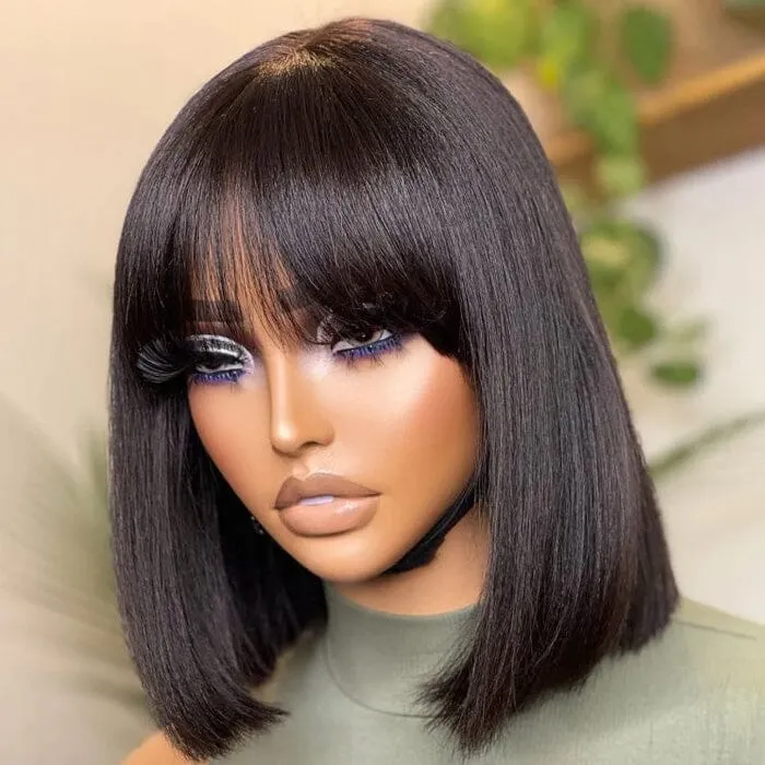 Realistic Yaki Straight Bob with Bangs Minimalist Lace Wig Wear Go Glueless Black/Brown Highlight Realistic Yaki Straight Bob with Bangs Minimalist Lace Wig Wear Go Glueless Black/Brown Highlight - Image 1